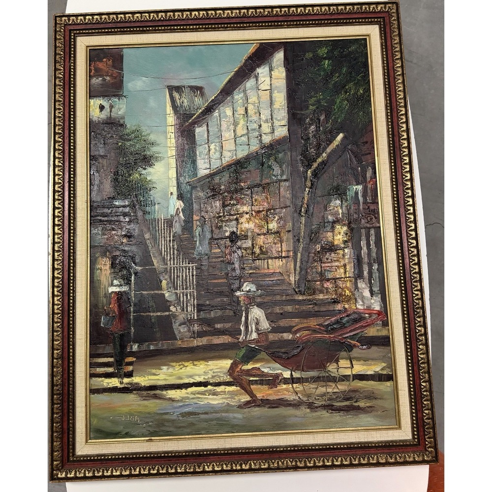 Vintage Asian Street Scene Oil On Canvas Signed by K. Able